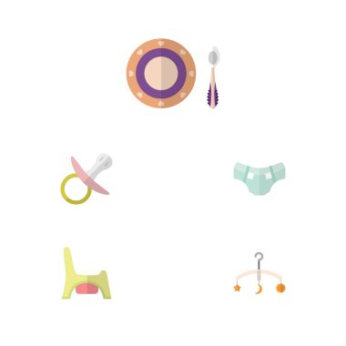 Düz çocuk bebek plaka, meme, mobil ve diğer vektör nesneleri kümesi. Ayrıca çanak, meme, Nappy öğeleri içerir.