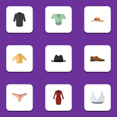 Düz elbise üniforma, Casual, Banyan ve diğer vektör nesneleri kümesi. Ayrıca bluz, gömlek, kadın öğeleri içerir.