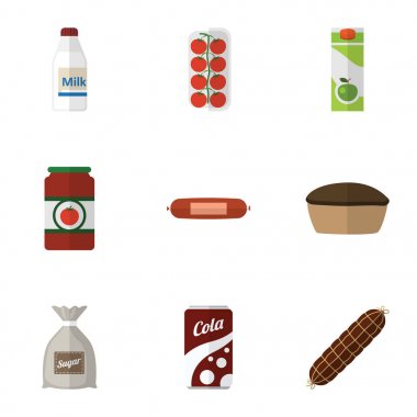 Düz Tart, gazlı içecek, şişe ve diğer vektör nesneleri kümesi yeme. Ayrıca şişe içerir Tart, pasta öğeleri.