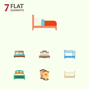 Düz yatak yatak odası, beşik, karyolası ve diğer vektör nesneleri kümesi. Ayrıca ranza, mobilya, yatak odası öğeleri içerir.