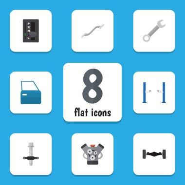 Düz atölye süspansiyon, Motor, otomatik Jack ve diğer vektör nesneleri kümesi. Ayrıca Coupler, blok, İngiliz anahtarı unsurları içerir.