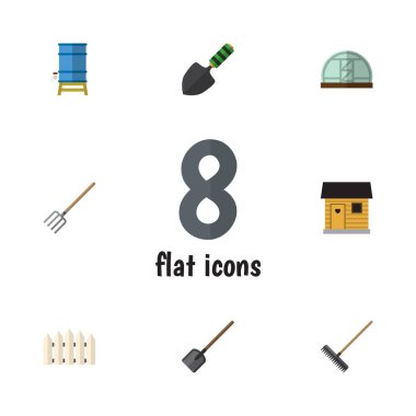 Düz kulübemde Harrow, saman çatal, sera ve diğer vektör nesneleri kümesi. Ayrıca bariyer, Tank, Barn öğeler içerir.