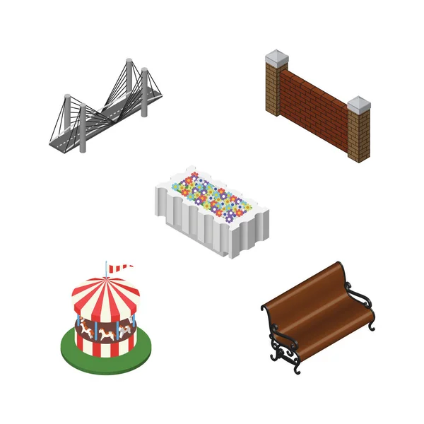 Conjunto de cidades isométricas de ponte, barreira, sentado e outros objetos vetoriais. Também inclui tijolo, carrossel, elementos de flor . — Vetor de Stock