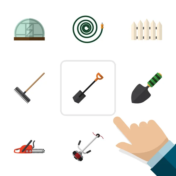 Flat Garden Set Of Spade, Wooden Barrier, Hacksaw And Other Vector Objects. Also Includes Spatula, Hosepipe, Hothouse Elements. — Stock Vector