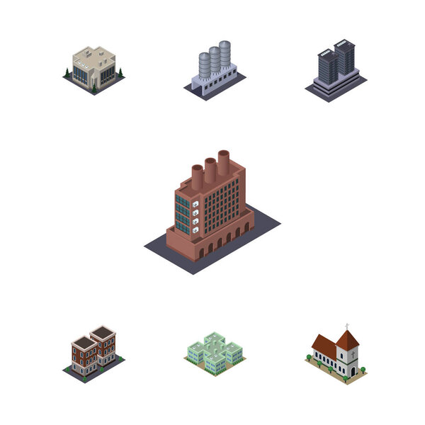 Isometric Construction Set Of Clinic, Chapel, Tower And Other Vector Objects. Also Includes Storage, Home, Tank Elements.