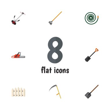 Düz çimen-kesici, demir testeresi, kesici ve diğer vektör nesneleri kümesi. Ayrıca çapa, Hosepipe, çit elemanları içerir.