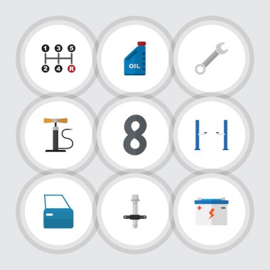 Düz atölye otomobil parçası, taşıma, çarkı pompa ve diğer vektör nesneleri kümesi. Ayrıca tekerlekli, çektirme, sessiz öğeleri içerir.