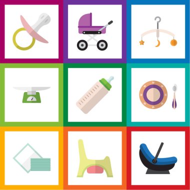 Cep, bebek arabası, çocuk arabası ve diğer vektör nesnelerini düz bebeğim kümesi. Ayrıca bebek arabası, çocuk, tuvalet öğeler içerir.