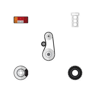 Düz otomatik ambalaj, Metal, Cambelt ve diğer vektör nesneleri kümesi. Ayrıca conta, Far, araba öğeleri içerir.