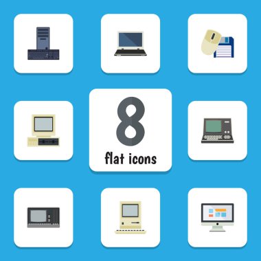 Düz bilgisayar Vintage donanım, teknoloji, bilgisayar fare ve diğer vektör nesneleri kümesi. Bilgisayar, Notebook, bilgisayar öğeleri de içerir.