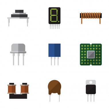 Düz aygıt alıcı, priz, Resist ve diğer vektör nesneleri kümesi. Ayrıca transistör, ekran, bobin öğeleri içerir.