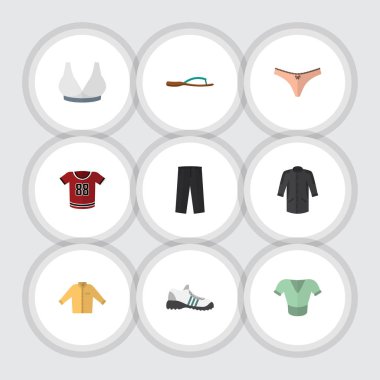 Düz giysi Beach Sandal, iç çamaşırı, tek tip vektör nesneleri kümesi. Ayrıca giysileri, sandalet, iç çamaşırı öğeleri içerir.