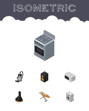 İzometrik elektronik soba, hava Extractor, müzik kutusu ve diğer vektör nesneleri kümesi. Ayrıca Vac, hoparlör, temiz unsurları içerir.