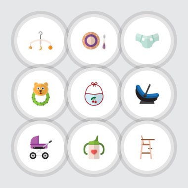 Düz çocuk bebek arabası, çocuk koltuğu, Rattle ve diğer vektör nesneleri kümesi. Ayrıca cep, çocuk, önlük öğeleri içerir.