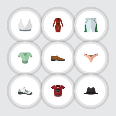 Düz giysi Panama, rahat, spor ayakkabıları ve diğer vektör nesneleri kümesi. Ayrıca şapka, adam, külot öğeleri içerir.