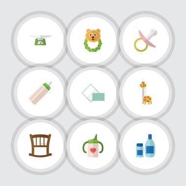 Düz bebek çıngırak, meme, peçete ve diğer vektör nesneleri kümesi. Çocuklar, yatak, şişe öğeleri de içerir.