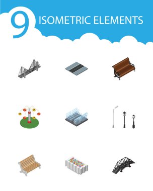 Yol, köprü, çiçek dekorasyon ve diğer vektör nesnelerini izometrik sokak kümesi. Ayrıca su, yol, fenerler öğeleri içerir.