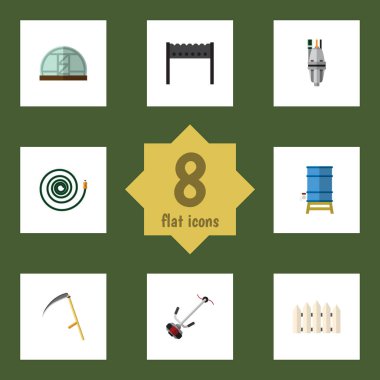 Cutter, Barbekü, dizi düz Bahçe çim kesici ve diğer vektör nesneleri. Ayrıca ahşap, içerir tırpan, kapsayıcı öğeler.