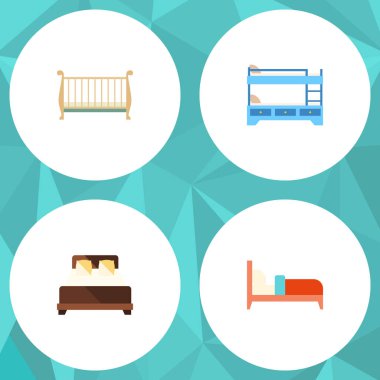 Düz yatak karyolası, yatak, yatakları ve diğer vektör nesneleri kümesi. Beşik, Hostel, yatak öğeleri de içerir.