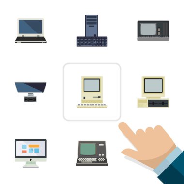 Düz dizüstü Pc, bilgisayar, teknoloji ve diğer vektör nesneleri kümesi. Ayrıca bilgisayar, klavye, ekran öğeleri içerir.
