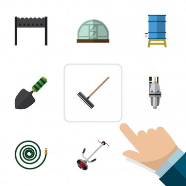 Düz Bahçe çim-kesici, Harrow, pompa ve diğer vektör nesneleri kümesi. Ayrıca içerir çim, sera, mala öğeleri.