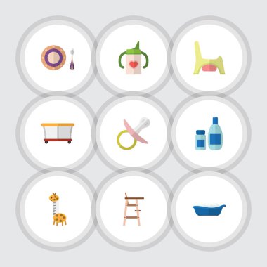 Düz çocuk tuvalet, krem losyon, Bahçesi ve diğer vektör nesneleri kümesi. Ayrıca oyuncak, krem, emzik öğeleri içerir.