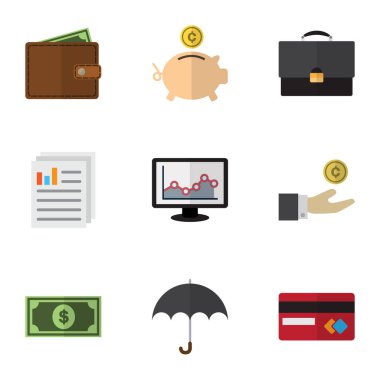 Düz kazanç grafik, ödeme, el ile sikke vektör nesneleri kümesi. Evrak çantası, cüzdan, kredi öğeleri de içerir.