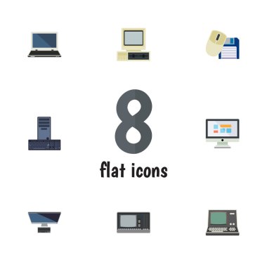 Düz bilgisayar teknolojisi, ekran, defter ve diğer vektör nesneleri kümesi. Ayrıca monitör, dizüstü bilgisayar, ekran öğeleri içerir.