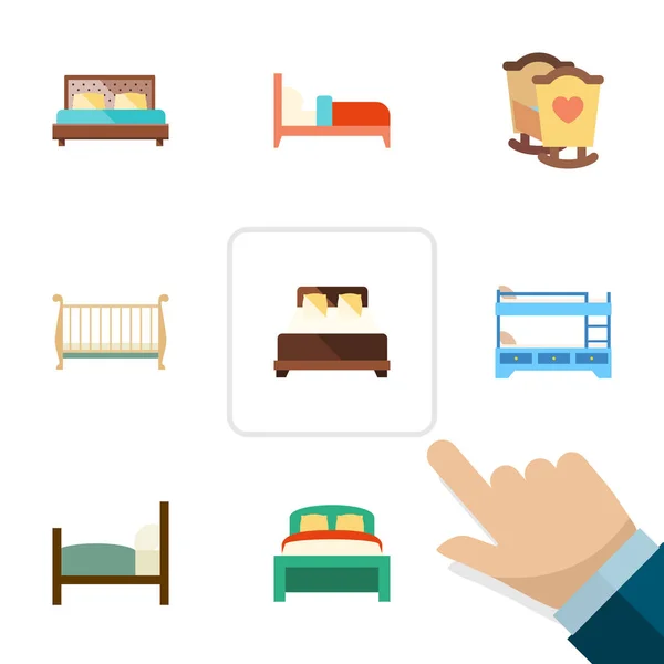 床垫、 宿舍、 家具和其他矢量对象组平面。此外包括床上，双，茅舍元素. — 图库矢量图片