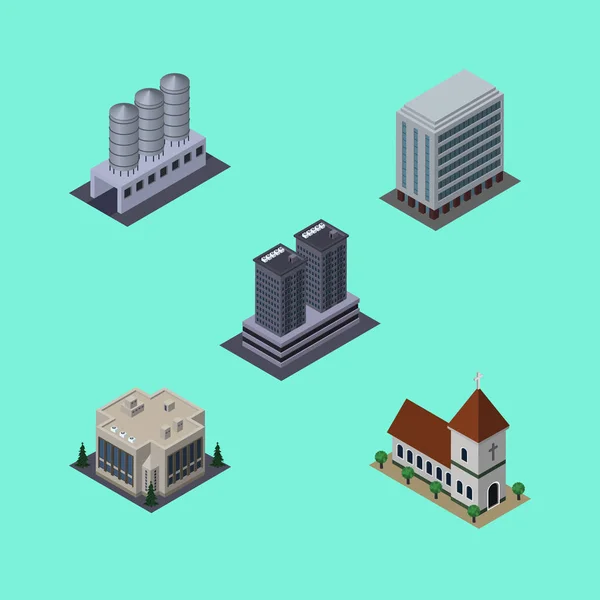 Isometric Urban Set Of Office, Water Storage, Chapel And Other Vector Objects. Also Includes Catholic, Church, Tower Elements. — Stock Vector