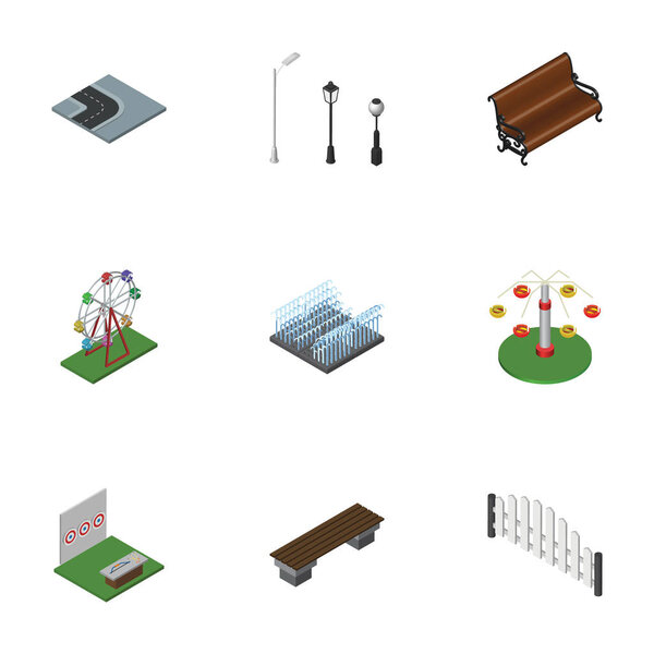 Isometric Urban Set Of Sitting, Fountain, Aiming Game And Other Vector Objects. Also Includes Archery, Swing, Path Elements.