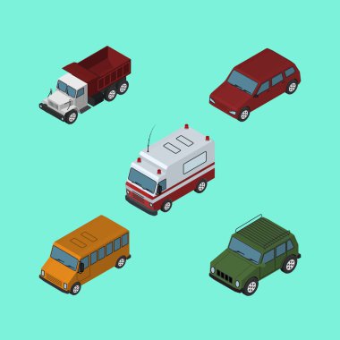 İzometrik arabası seti Araba, ilk yardım, yük ve diğer vektör nesneleri. Ayrıca zırhlı, ambulans, araba öğeleri içerir.