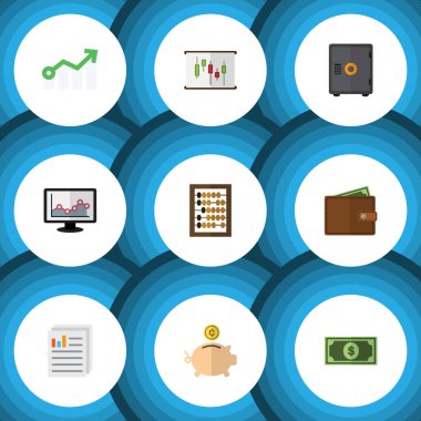 Düz simgesi gelen para Kasası, diyagram, dolar ve diğer vektör nesneleri kümesi. Ok, hesap makinesi, belge öğeleri de içerir.