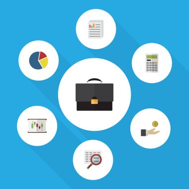 Düz simgesi kazanç hesaplama, tarama, el ile sikke vektör nesneleri kümesi. Ayrıca Diplomat, diyagram, Portföy öğeleri içerir.