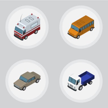İzometrik araba Autobus, kamyon, ilk yardım ve diğer vektör nesneleri kümesi. Ayrıca kamyon, ambulans, otobüs unsurları içerir.