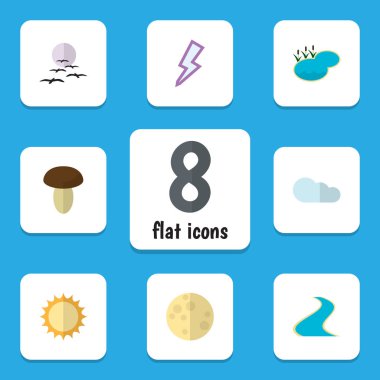 Düz simgesi Bio güneş, ay, yıldırım ve diğer vektör nesneleri kümesi. Ayrıca kolu, Moon, bulutlu unsurları içerir.