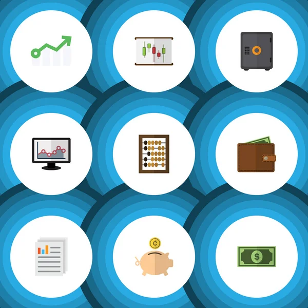 Düz simgesi gelen para Kasası, diyagram, dolar ve diğer vektör nesneleri kümesi. Ok, hesap makinesi, belge öğeleri de içerir.