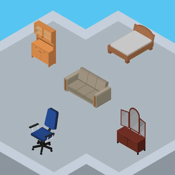 Isometrisk möbler uppsättning sänggavlar, kontor, skåp och andra vektorobjekt. Innehåller även sänggavlar, garderob, fåtölj element. — Stock vektor