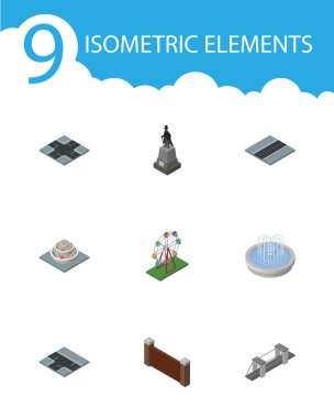 İzometrik şehir bariyer, Park dekorasyon, bitkiler ve diğer vektör nesneleri kümesi. Ayrıca kavşak, su, karayolu elemanları içerir.