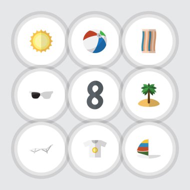 Düz simgesi yaz Sunshine, silecek, Hindistan cevizi ve diğer vektör nesnelerini ayarlayın. Ayrıca Hindistan cevizi, gözlük, yuvarlak öğeleri içerir.