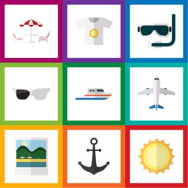 Düz simgesi yaz tüplü dalış, uyarı mektupları, RECLINER ve diğer vektör nesneleri kümesi. Uçak, güneş, kanca öğeleri de içerir.