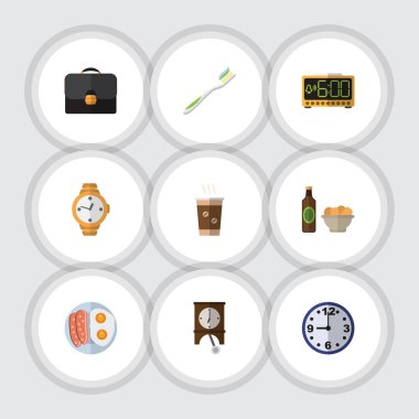 Düz simgesi hayat izle, evrak çantası, Cappuccino ve diğer vektör nesnelerini ayarlayın. Ayrıca sarkaç, cips, kol saati öğeleri içerir.