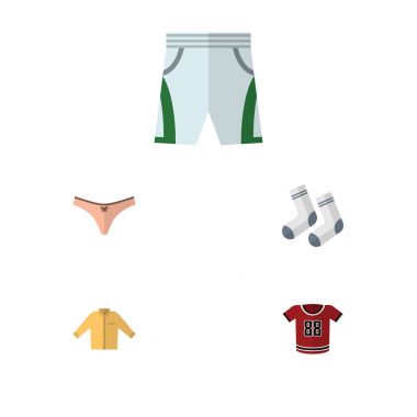 Düz simgesi giysi kümesi iç çamaşırı, Banyan, mayo kumaş ve diğer vektör nesneleri. Ayrıca çorap, şort, dokuma detayları içerir.