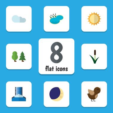 Düz simgesi doğa orman, kuş, güneş ve diğer vektör nesneleri kümesi. Ayrıca göl, gölet, Reed unsurları içerir.