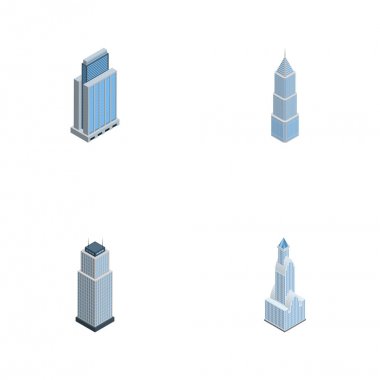 İzometrik gökdelen kümesi kentsel, kule, Cityscape ve diğer vektör nesneleri. Ayrıca kule, konut, yapı elemanları içerir.