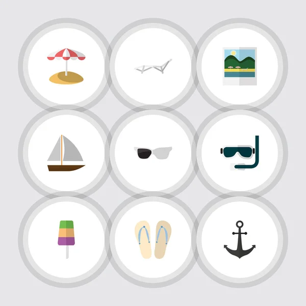 Set de gafas de temporada Icono plano, Yate, Sandalias de playa Vector Objetos. También incluye barco, gafas de sol, elementos del buque . — Vector de stock