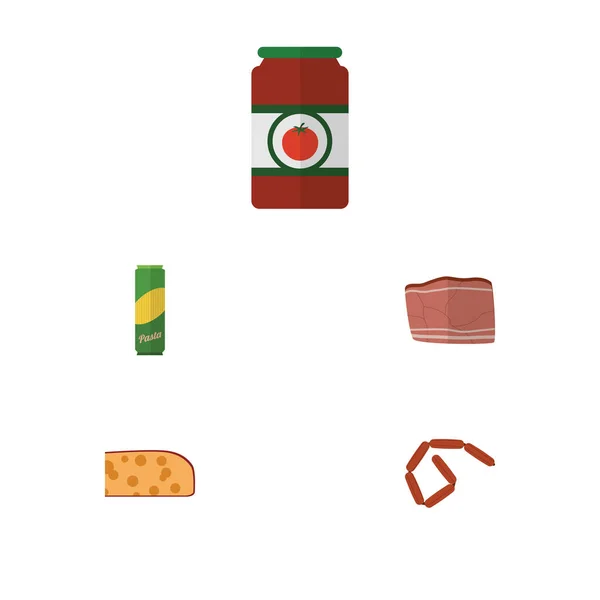 Platte pictogram Set Cheddar Slice, rundvlees, Bratwurst en andere vectorobjecten eten. Ook Pasta, worst, voedsel elementen. — Stockvector