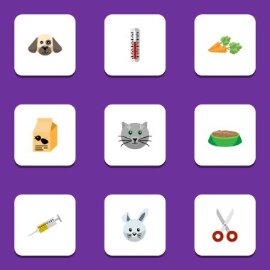 Düz simgesi evcil hayvan kümesi aşı, beslenme kutusu, Kitty ve diğer vektör nesneleri. Ayrıca termometre, kutusu, sıcaklık öğeleri içerir.