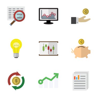 Düz simgesi gelen belge, değişim, para Kasası ve diğer vektör nesneleri kümesi. Ok, değişim, grafik öğeleri de içerir.