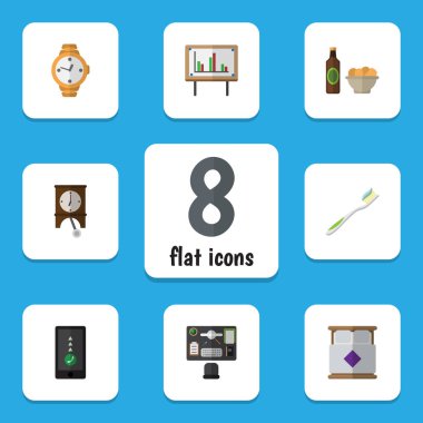 Düz simgesi hayat ayarla saati, cep telefonu, cips ve diğer vektör nesneleri ile bira. Ayrıca Smartphone, Snack, beyaz tahta öğeleri içerir.